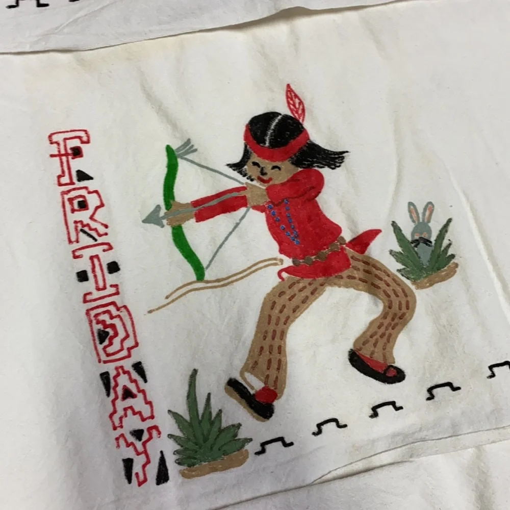 Vintage Native American Hand Painted Dish Towel Set of 7 50s 60s Mid Century